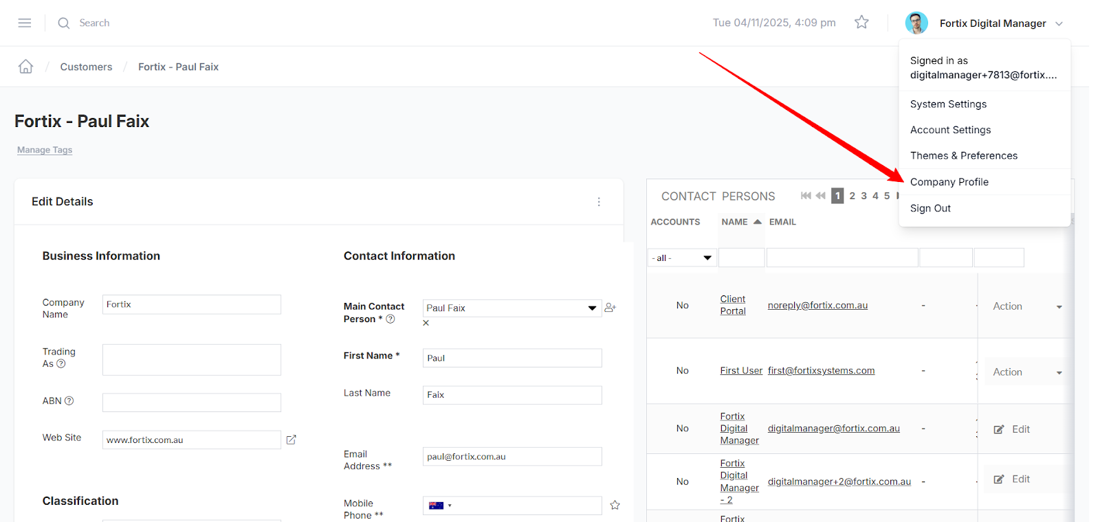 Clicking Company Profile will route you to Contact Details 