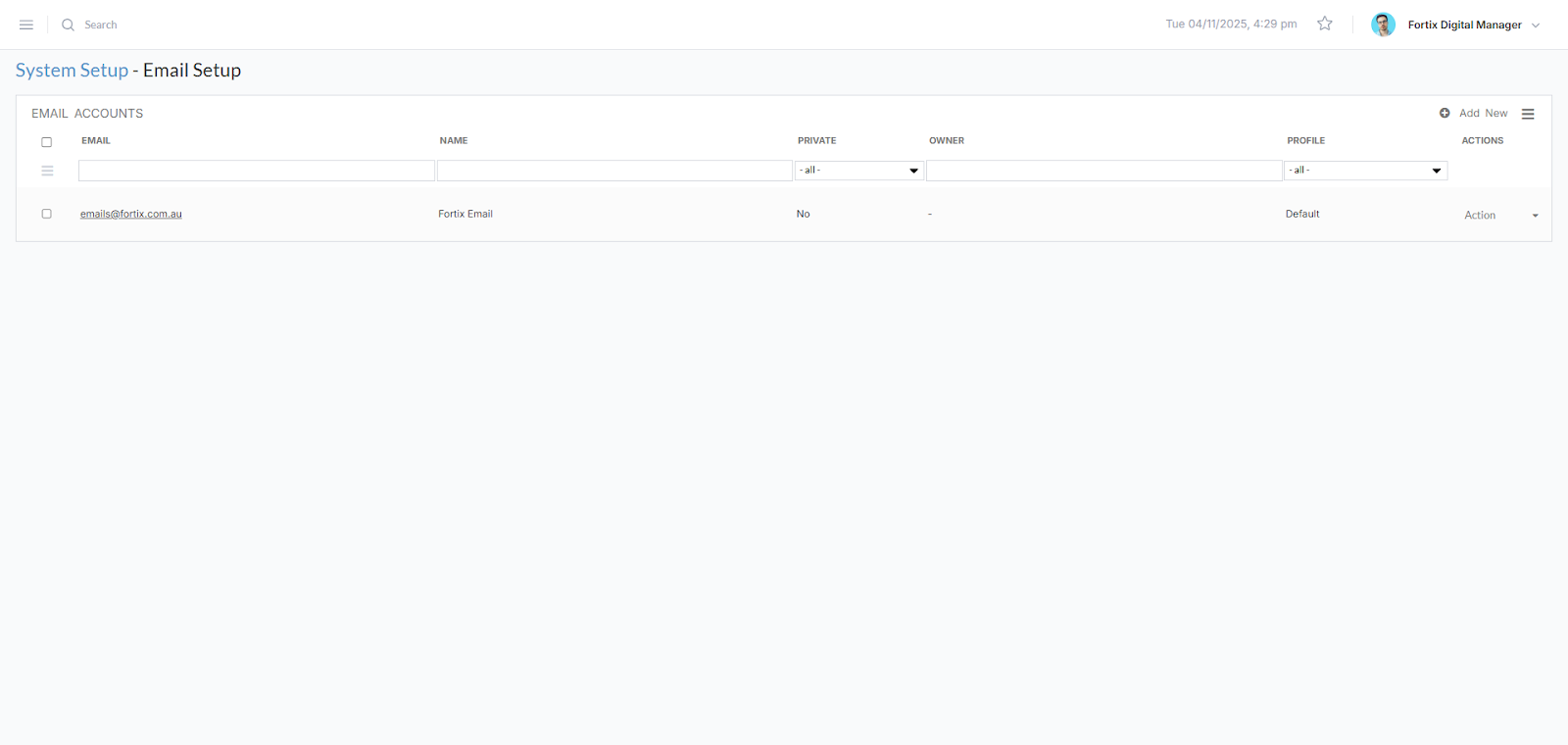 Email Setup Page for outbound communications