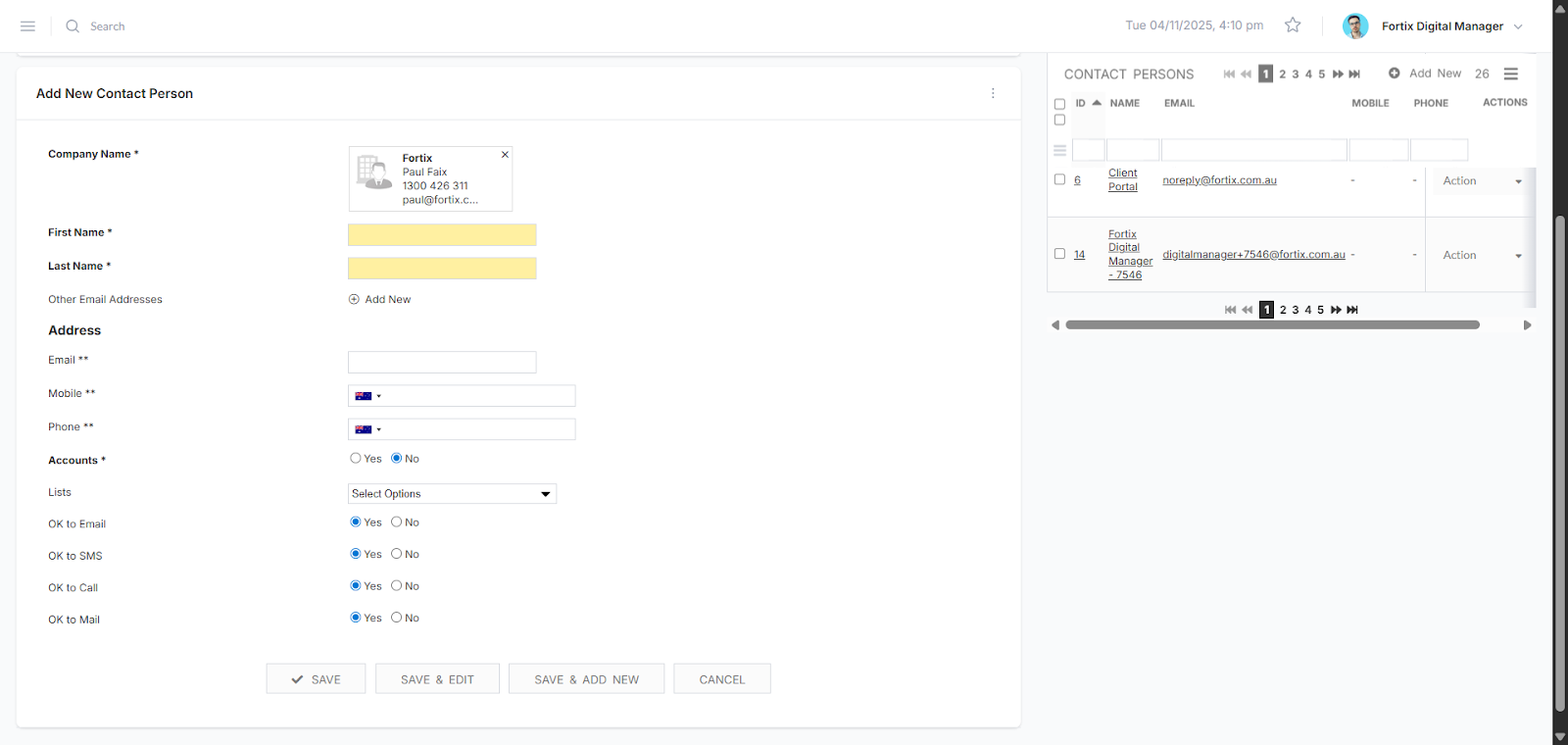 Add new Contact Person page will lets you add necessary details of the user